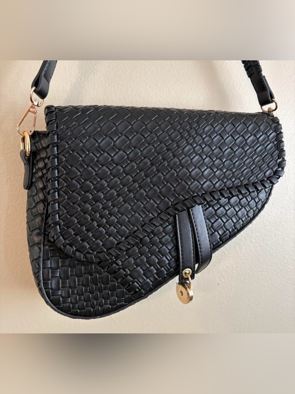 Woven Leather Saddle Bag - Black